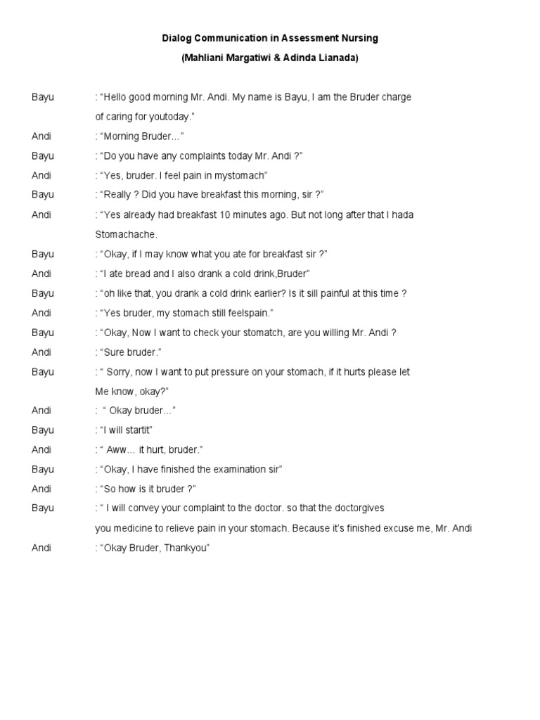 Nursing Assessment Dialogue Example | PDF | Self-Improvement | Wellness
