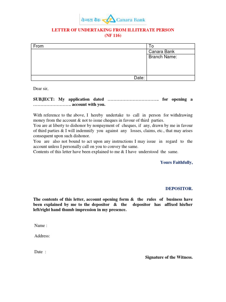 Illiterate Person's Bank Undertaking Letter | PDF