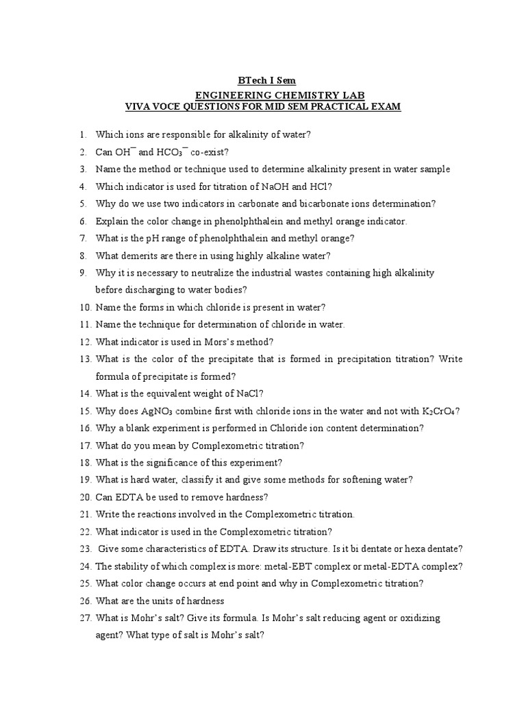 Btech I Sem Engineering Chemistry Lab Viva Voce Questions For Mid Sem