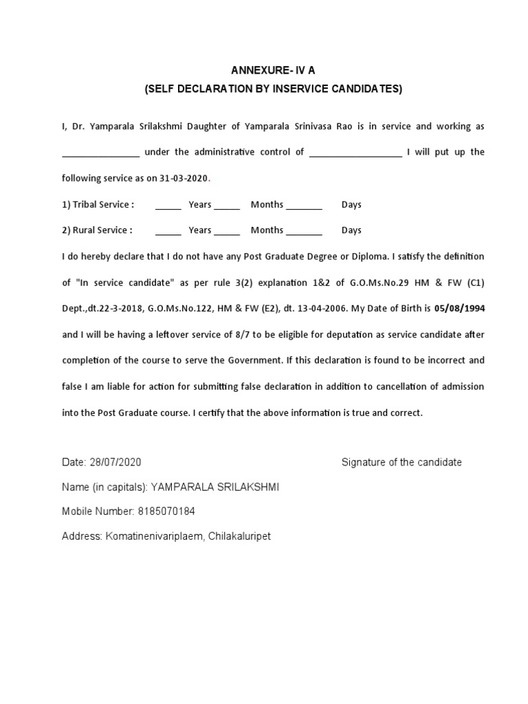 Self Declaration Form - Annexure IV A | PDF