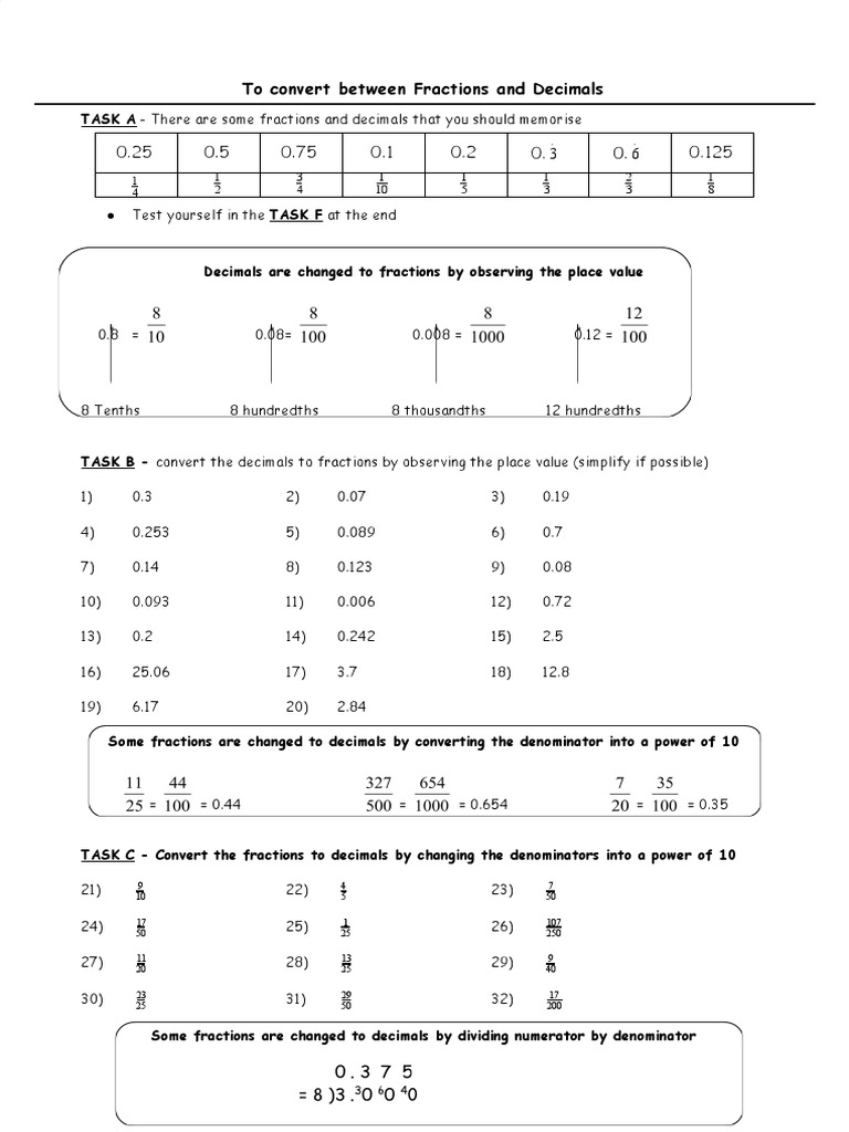 Converting Fractions and Decimals | PDF | Fraction (Mathematics) | Numbers