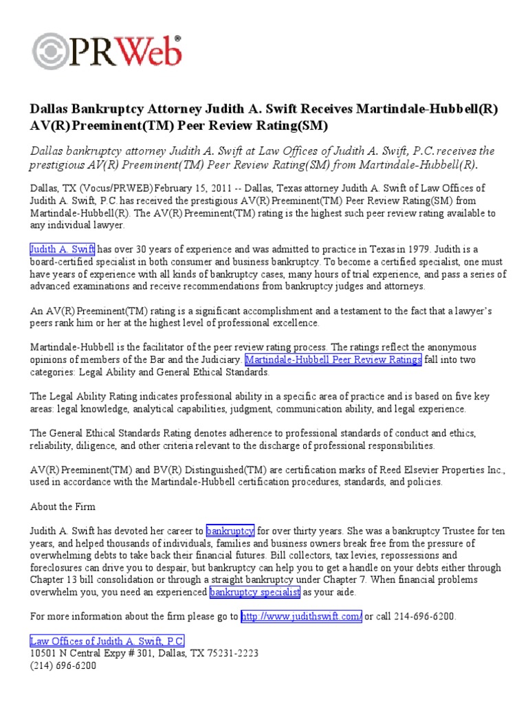 Dallas Bankruptcy Attorney Judith A. Swift Receives ...