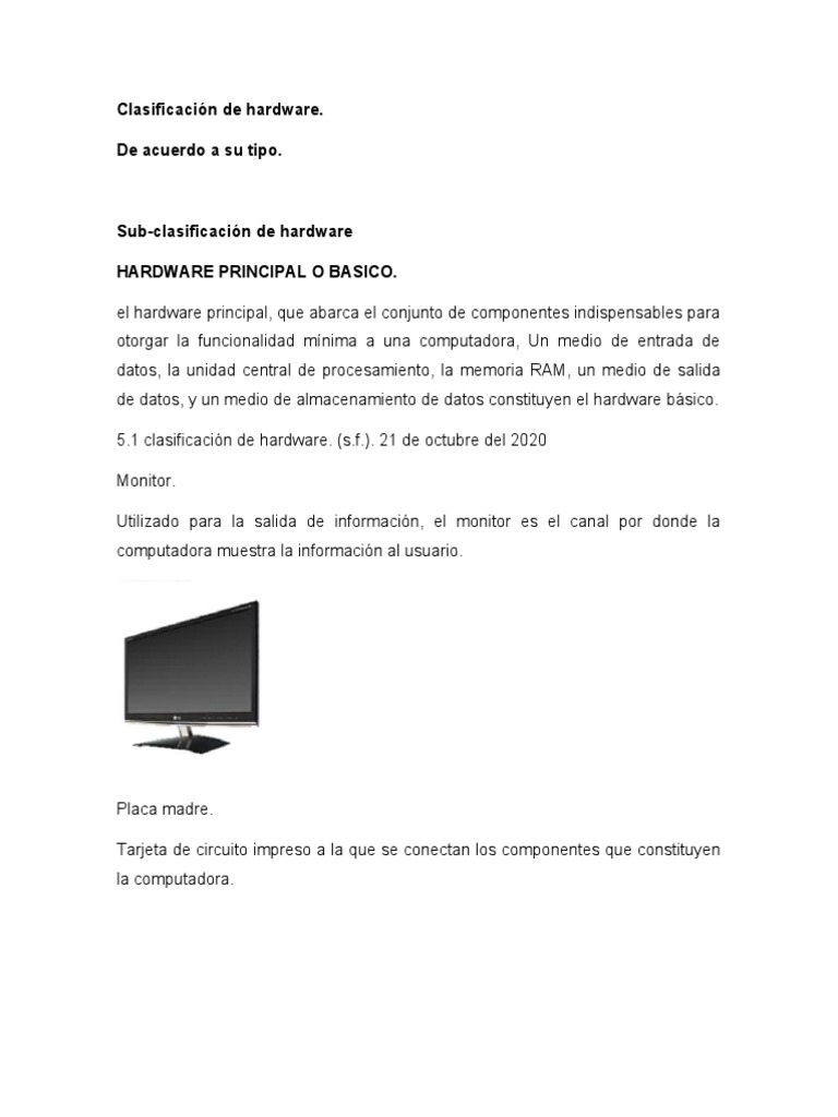 Clasificación de Hardware | PDF | Periférico | Hardware de la computadora