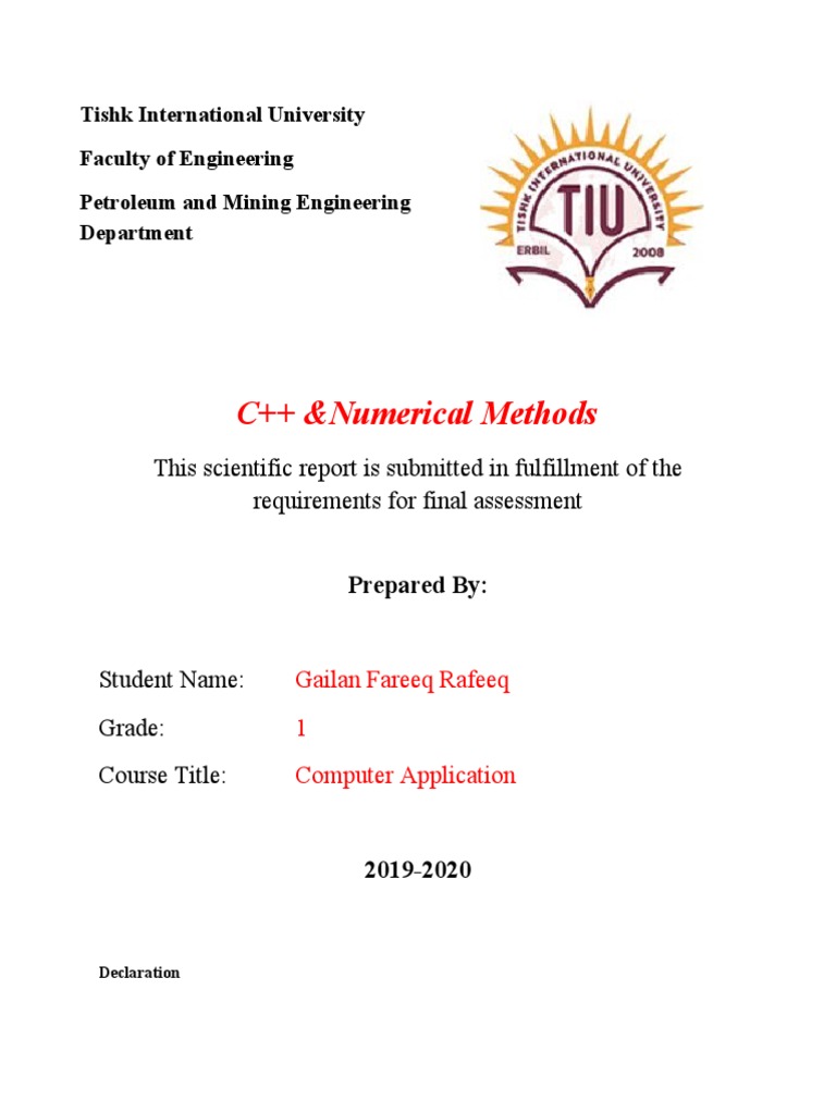 C++ &numerical Methods: This Scientific Report Is Submitted in ...