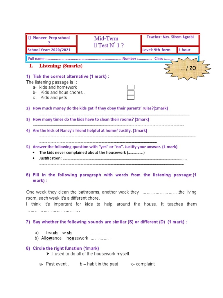 9th Grade Mid-Term Listening Test | PDF | Adolescence | Family