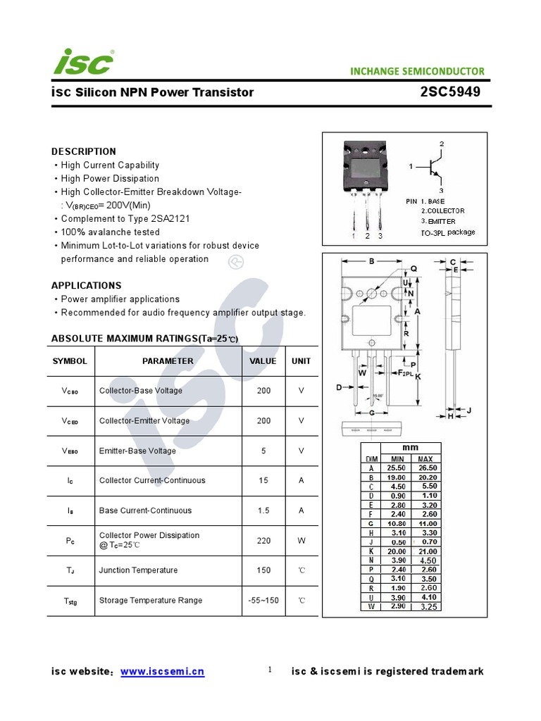Isc 2SC5949: Silicon NPN Power Transistor | PDF | Bipolar Junction ...