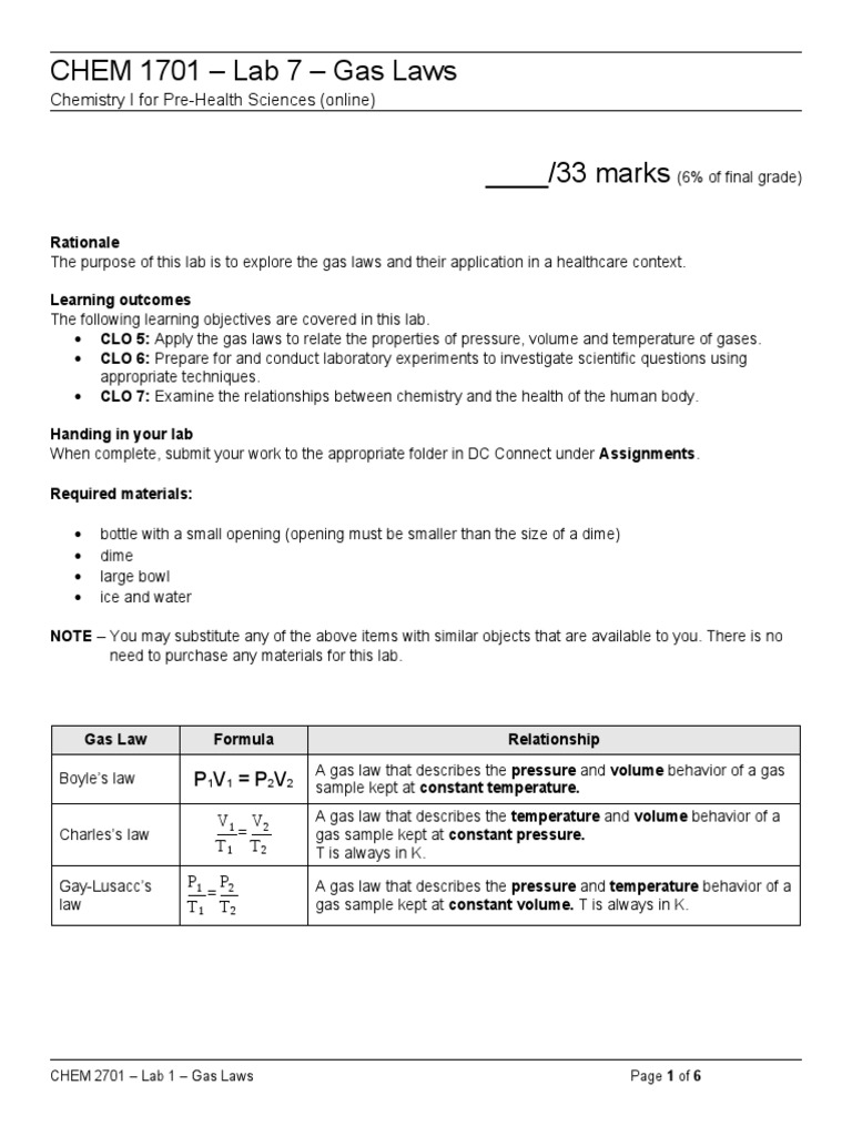 CHEM 1701 Lab 7 Gas Laws Chemistry I For PreHealth Sciences