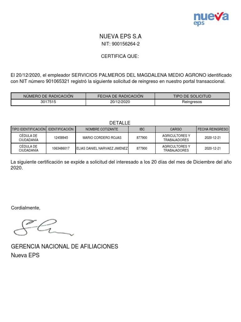 Certificación de Reingreso Nueva EPS | PDF | Negocios | Finanzas y dinero