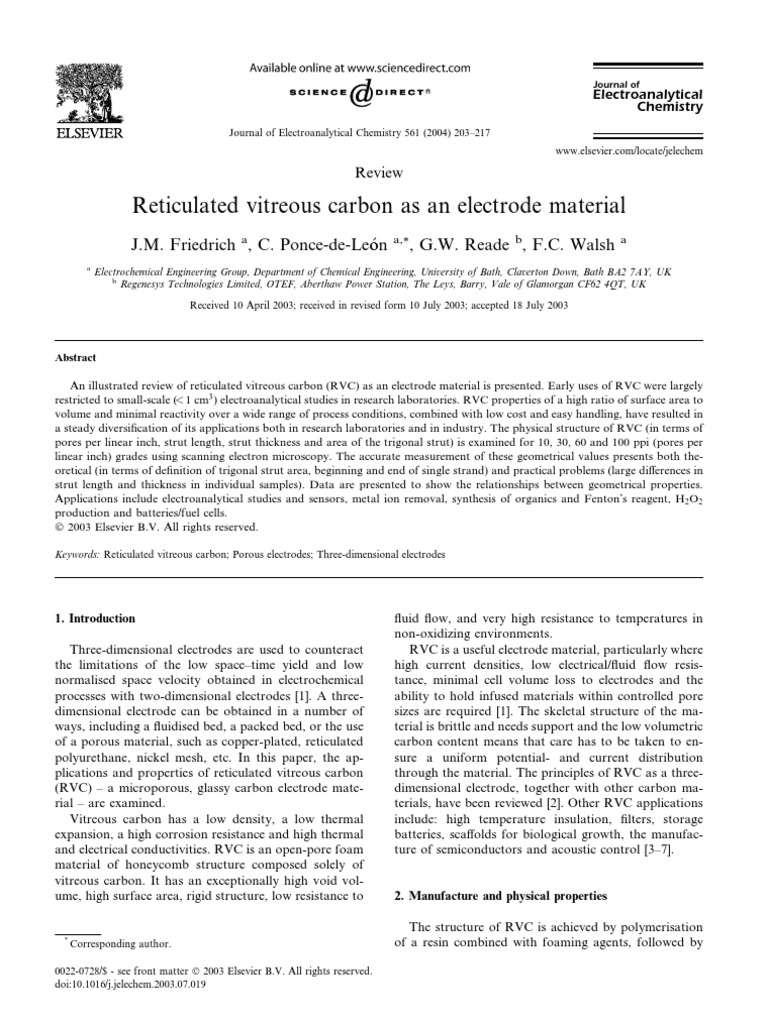 Reticulated Vitreous Carbon Electrode Review | PDF | Electrochemistry ...