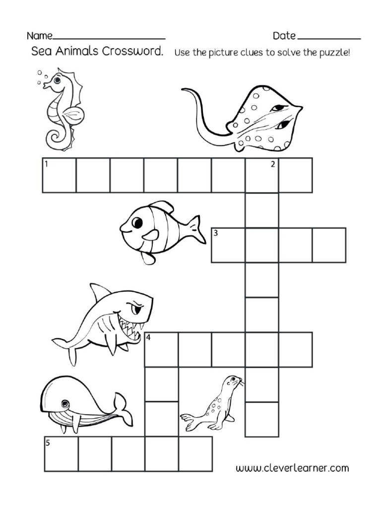 under the sea animals crossword puzzle worksheet pdf