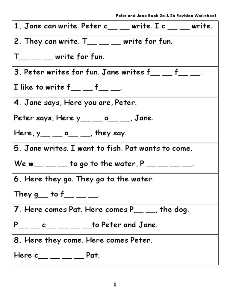 Peter and Jane Book 2a & 2b Revision Worksheet PDF