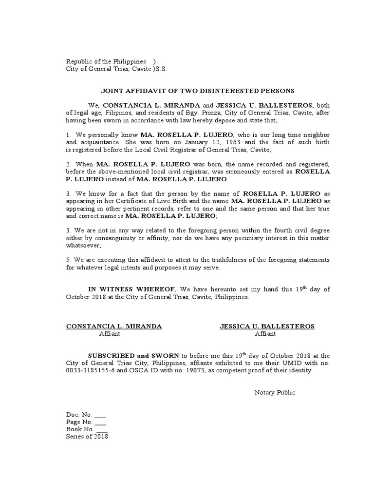 AFFIDAVIT OF 2 Disinterested Persons | PDF