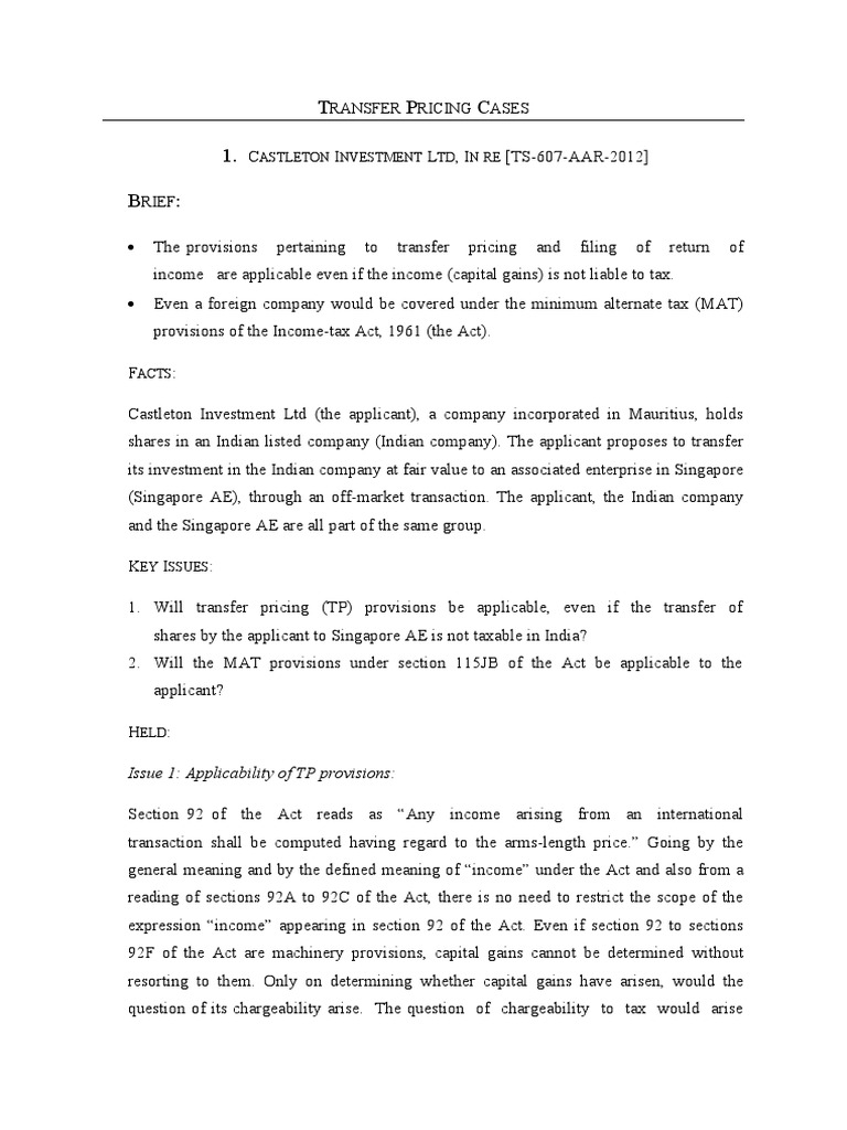 Transfer Pricing Cases PDF Subsidiary Taxes