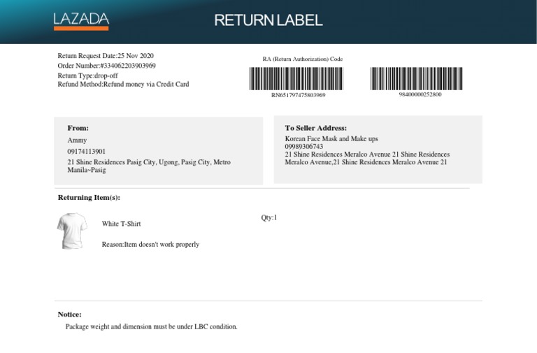 Returnlabel: To Seller Address: From | PDF