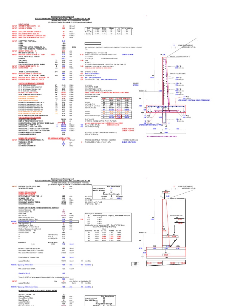 RCC Retaining Wall Design Calculations | PDF | Bending | Concrete