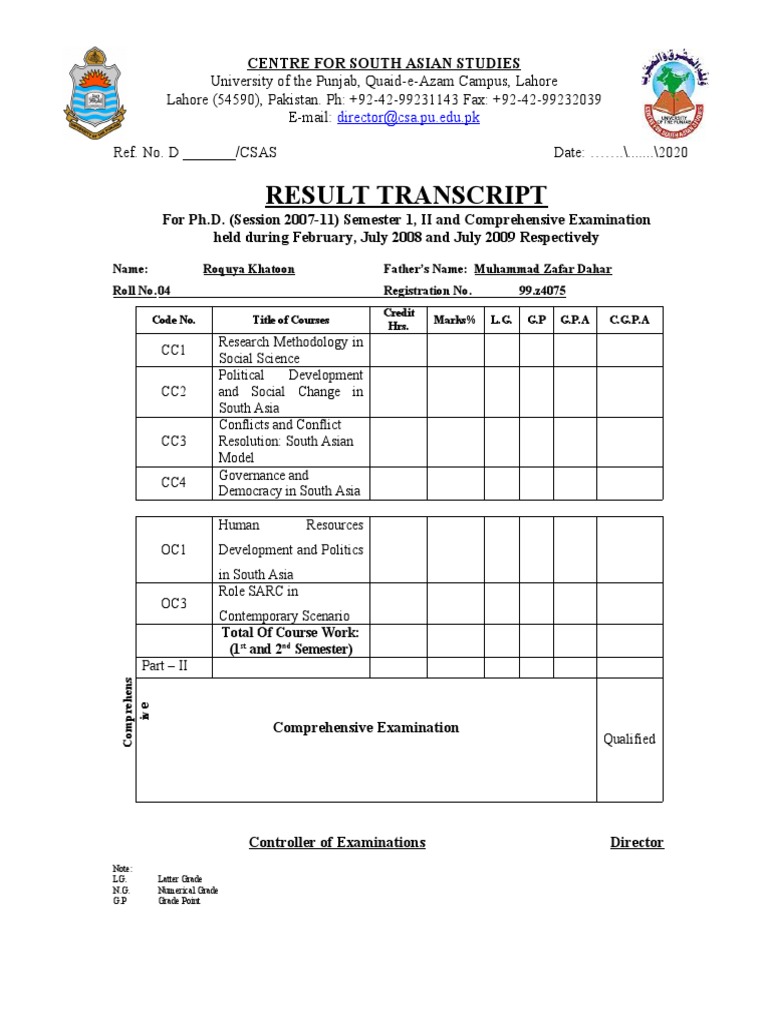 Ph.D. Result Transcript: Roquya Khatoon | PDF
