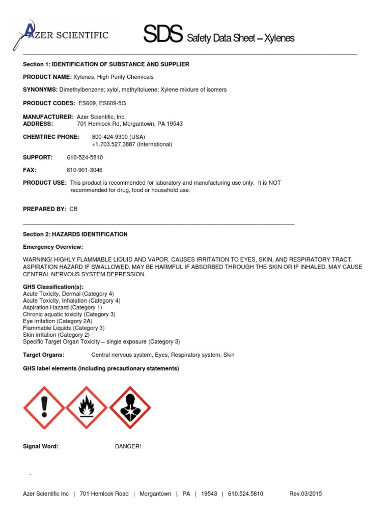 Safety Data Sheet Xylenes PDF Toxicity Benzene