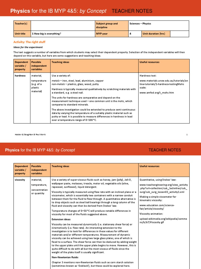 Physics For The IB MYP 4&5: by Concept: Teacher Notes | PDF | Viscosity ...
