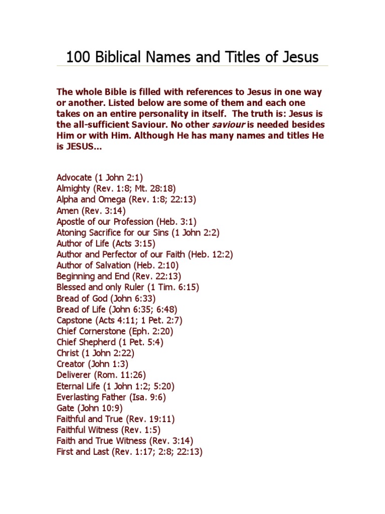 100 Biblical Names and Titles of Jesus First Epistle Of John Salvation