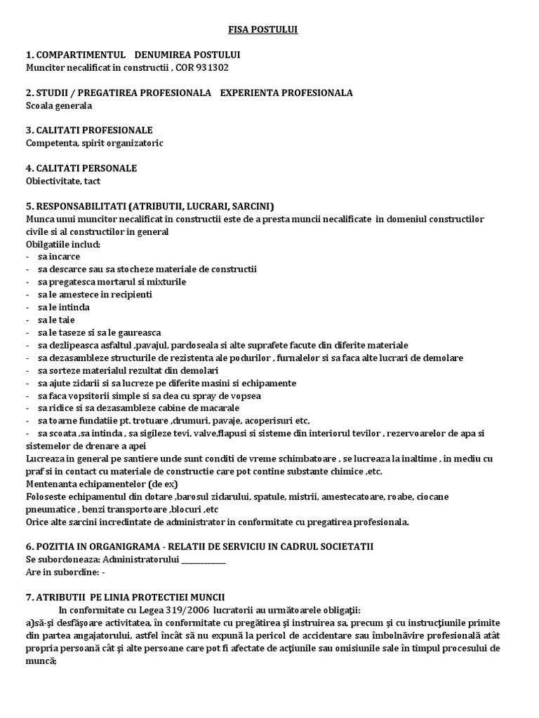 Muncitor Necalificat Constructii Model Fisa Post Muncitor Necalificat Constructii | PDF