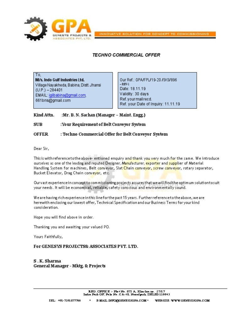 Techno Commercial Offer for Belt Conveyor | PDF | Equipment ...