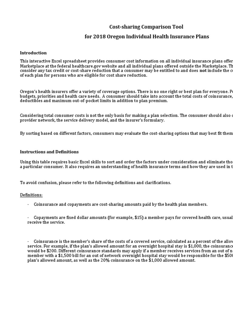 CostSharing Comparison Tool For 2018 Oregon Individual Health