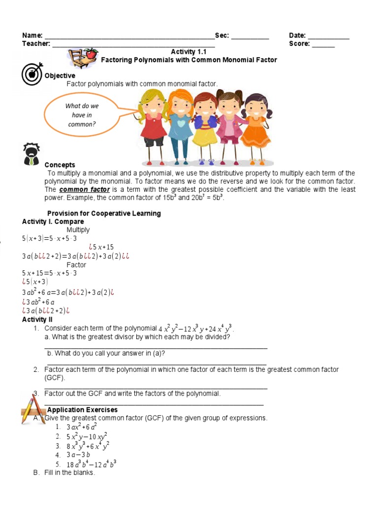 Activity1 Math Pdf Factorization Polynomial