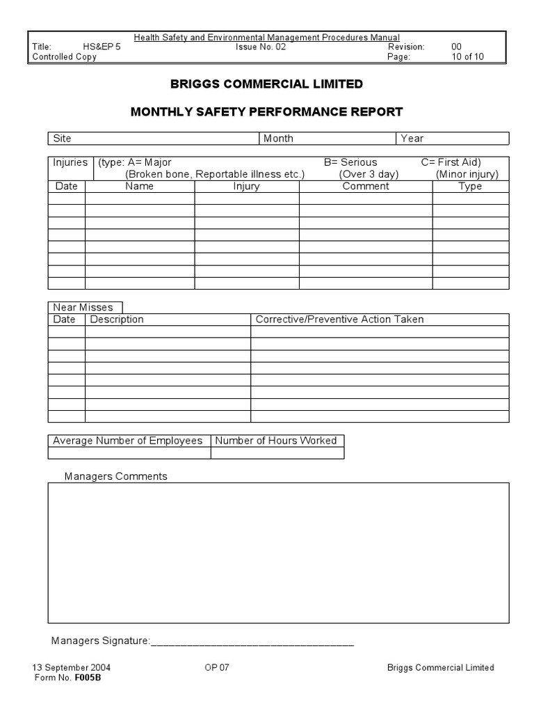 Monthly Safety Performance Report | PDF