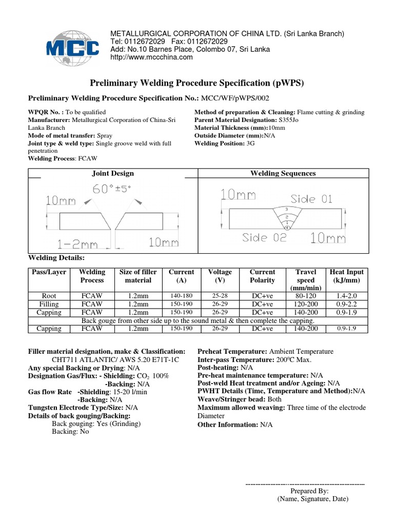 Preliminary Welding Procedure Specification No. MCC/WF/pWPS/002 PDF