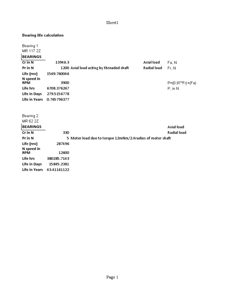 Bearing Life Calculation Sheet Document Provides Calculations for