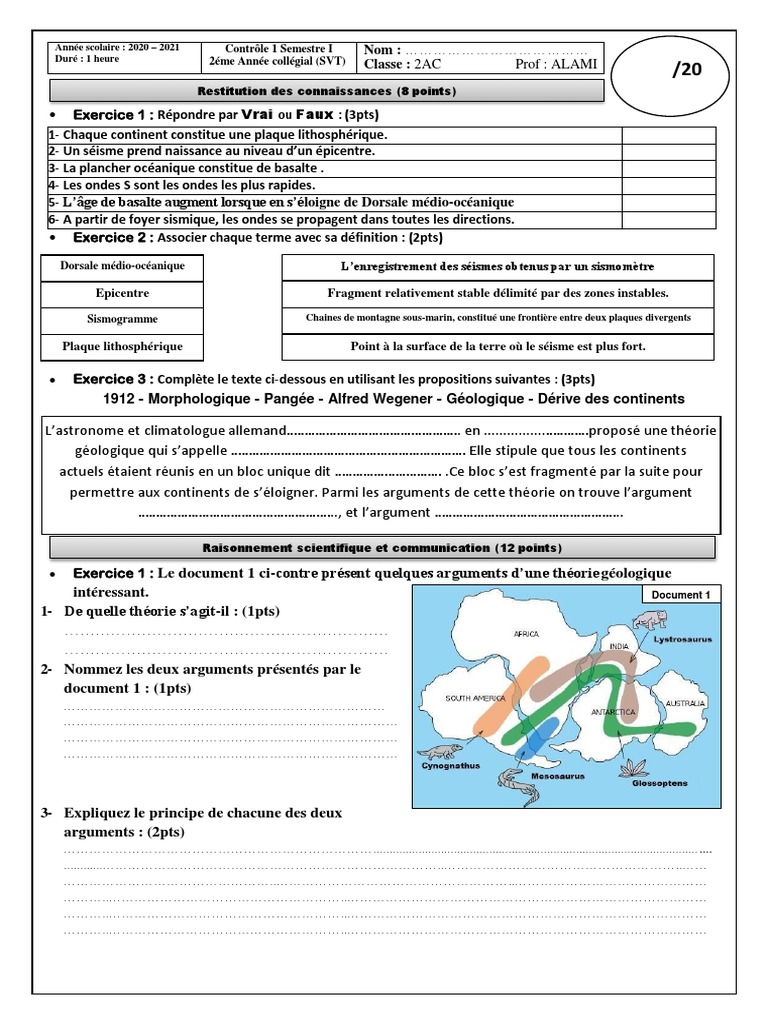 Evaluation Devoirs Sur Tectonique Des Plaques Controle 1 S1 2AC B | PDF | Tectonique des plaques | Structure de la Terre