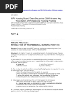 Set A: NP1 Nursing Board Exam December 2006 Answer Key 'Foundation of Professional Nursing Practice