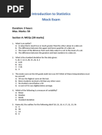 Introduction To Statistics Mock Exam: Duration: 3 Hours Max. Marks: 50 Section A: Mcqs (20 Marks)