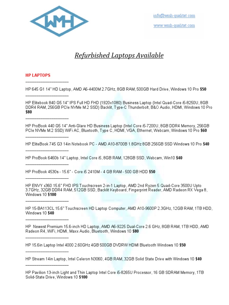 WMH Laptop Specifications | PDF | Laptop | Solid State Drive