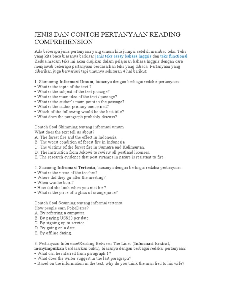 Jenis Dan Contoh Pertanyaan Reading Comprehension