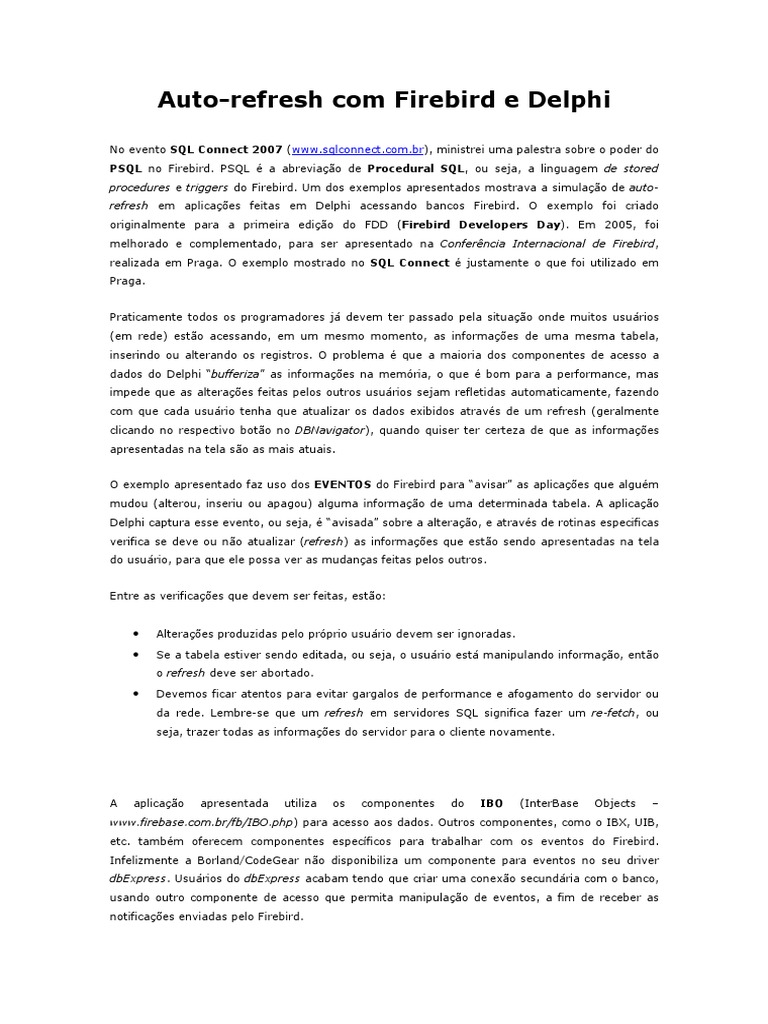 Auto-refresh em Delphi com Firebird | PDF | SQL | Ciência da Informação