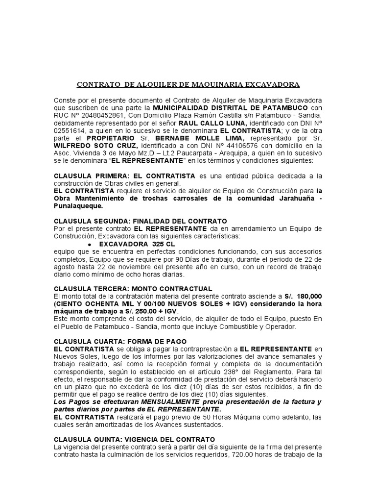Contrato de Alquiler de Maquinaria Retroexcavadora | PDF | Gobierno ...