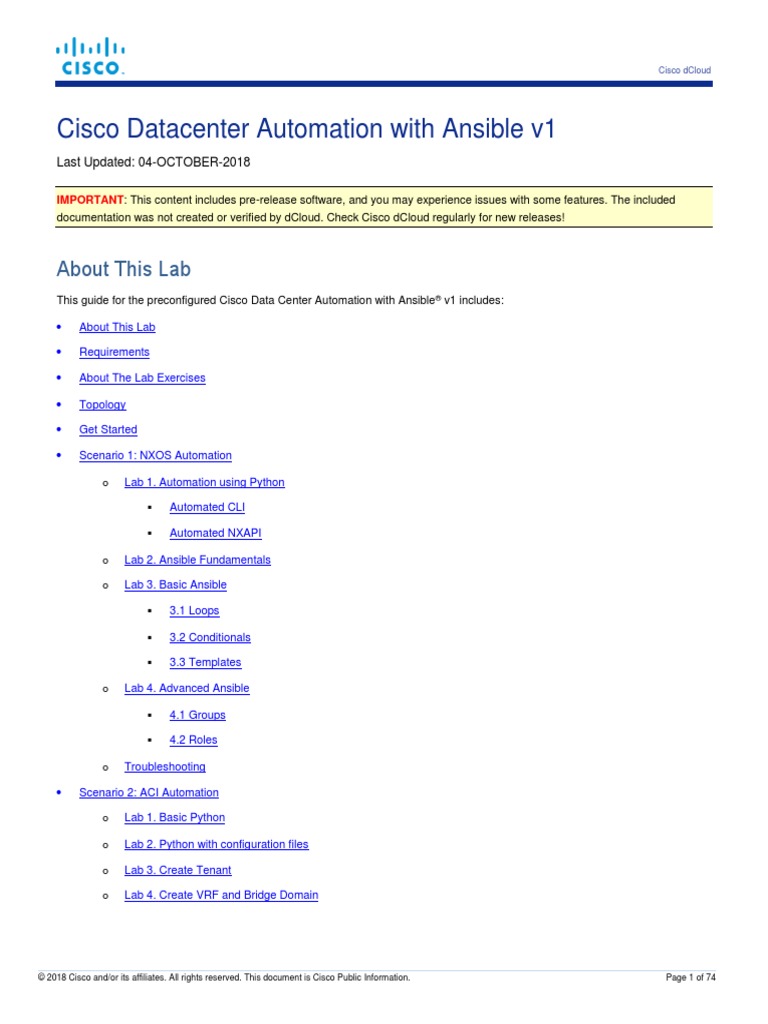 Cisco Datacenter Automation With Ansible v1: About This Lab | PDF