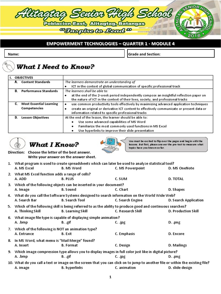 Module 1 Lesson 4 E Tech PDF | PDF | Microsoft Excel | Microsoft Word