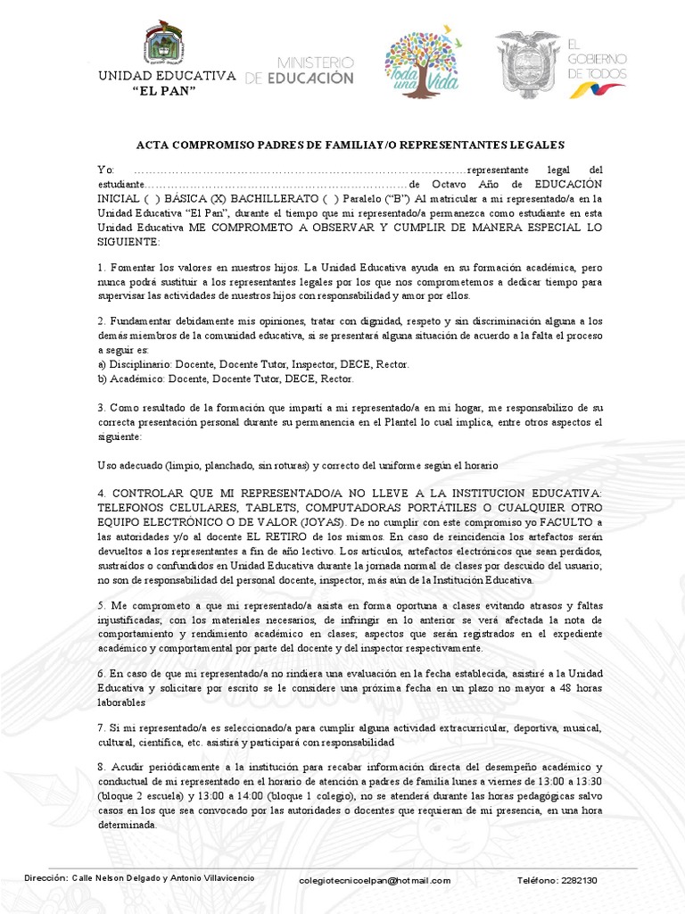 Acta de Compromiso de Padres de Familia | PDF | Educación avanzada ...