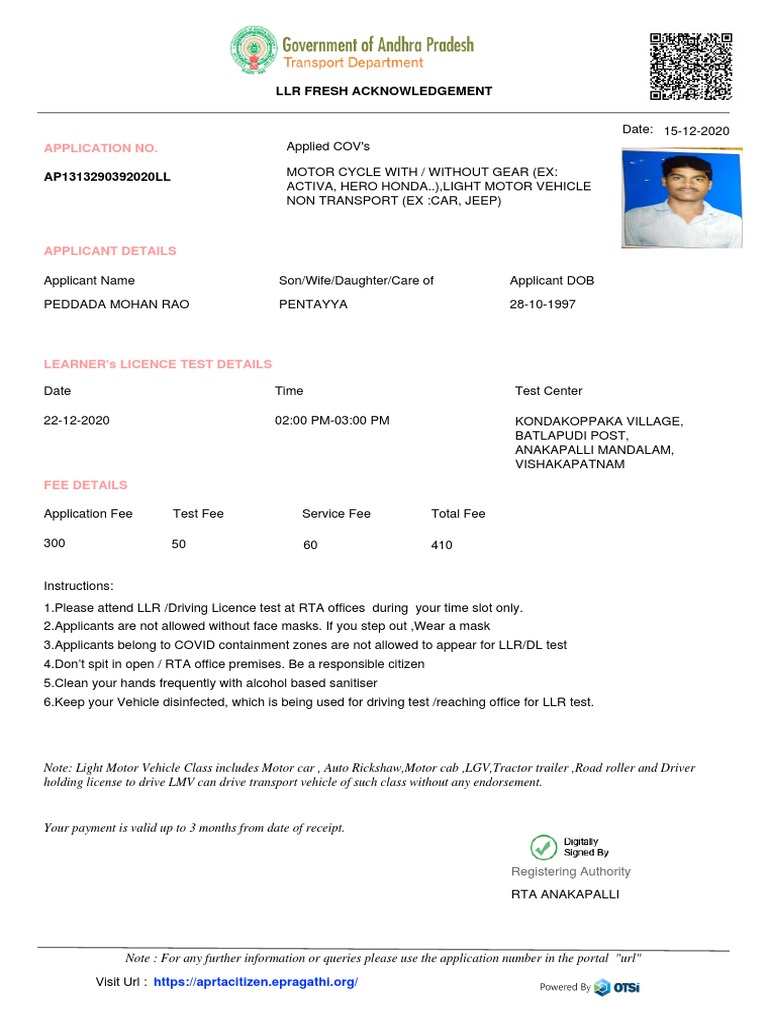 Application No.: LLR Fresh Acknowledgement | PDF | Driver's License ...