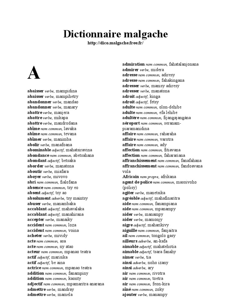 Dictionnaire malgache Nom (grammaire) Taxonomie