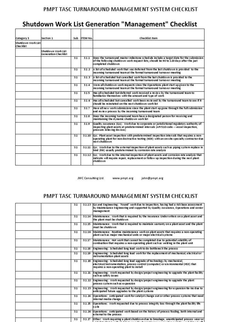 Shutdown Work Checklist Category 3 3.1 To 3. 4 PDF Quality