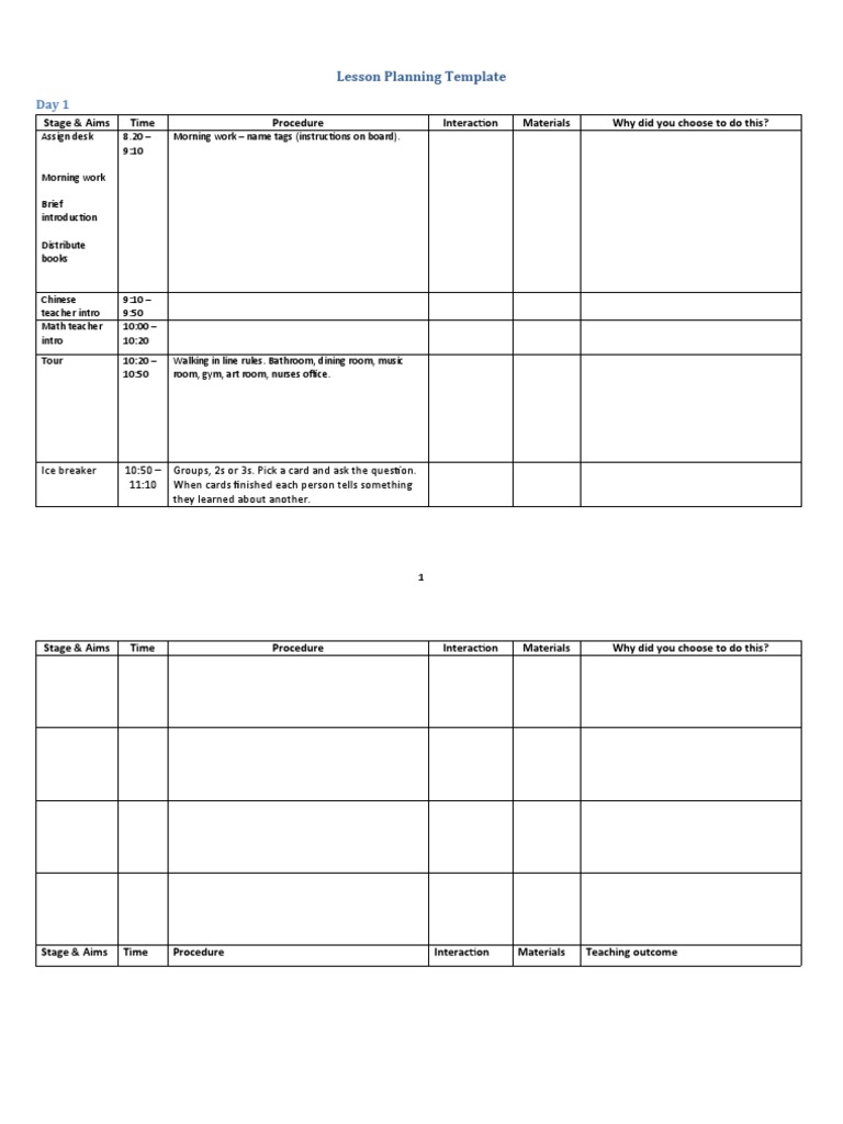 Lesson Planning Template: Stage & Aims Time Procedure Interaction ...