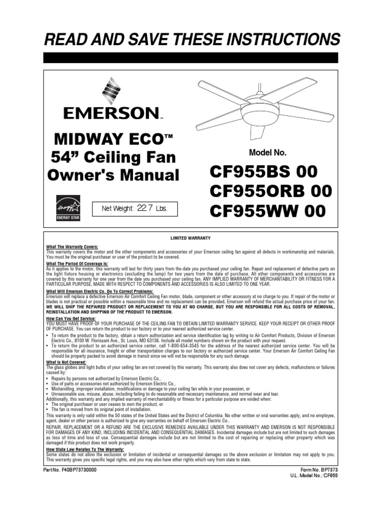 Read and Save These Instructions Midway Eco 54" Ceiling Fan Owner's Manual PDF Switch