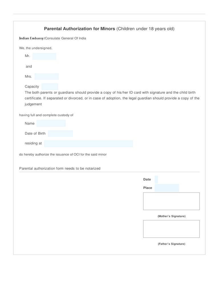 Parental Authorization For Minors (Children Under 18 Years Old) | PDF