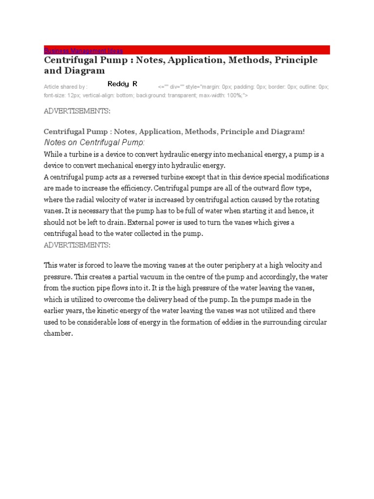Centrifugal Pump Notes, Application, Methods, Principle and Diagram