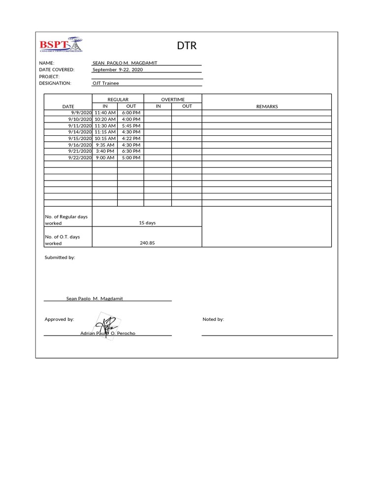 OJT DTR Sample for Sean Magdamit | PDF