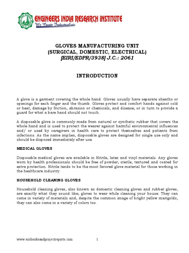 Project Report On Gloves Manufacturing Unit (Surgical, Domestic