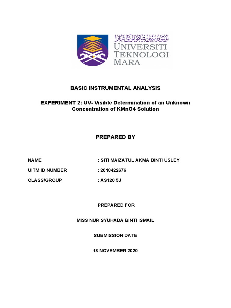 Basic Instrumental Analysis Experiment 2 UvVisible Determination of
